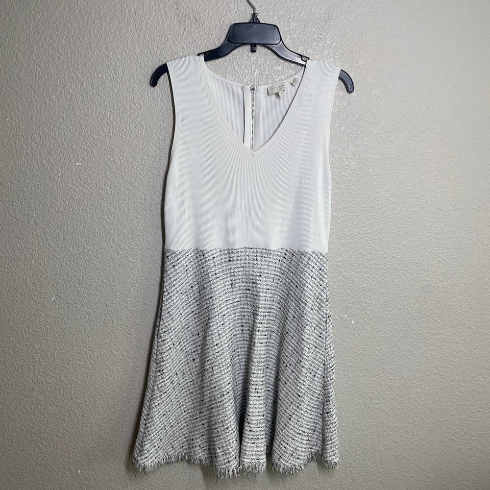 Ted Baker 4 Adalad Metallic Shift Dress White Gray Knit Tweed Fringe Sleeveless - Picture 2 of 9